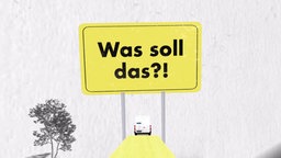 Das Bild  eine Illustration mit einem gelben Schild auf dem "Was soll das?" steht. 