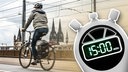 Links ein Radfahrer in Köln, rechts eine Stoppuhr mit einer Zeit von 15:00 Minuten.