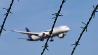 Ein Flugzeug der Fluggesellschaft Lufthansa, im Landeanflug auf den Flughafen Frankfurt a.M. Im Vordergrund Stacheldraht. Symbolbild zum Thema Abschiebeflug. 