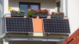 Solarmodule für ein sogenanntes Balkonkraftwerk hängen an einem Balkon.