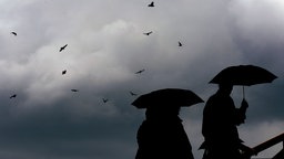 Passanten gehen mit Regenschirmen durch eine Stadt.