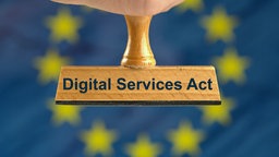 Ein symbolischer Holzstempel mit der Aufschrift "Digital Services Act", gehalten von einer Hand vor einer unscharfen EU-Flagge im Hintergrund. 