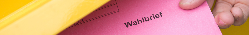 Ein pinker Wahlbrief wird in einen Briefkasten geschmissen