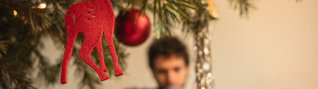 Junger Mann alleine hinter einem Tannebaum