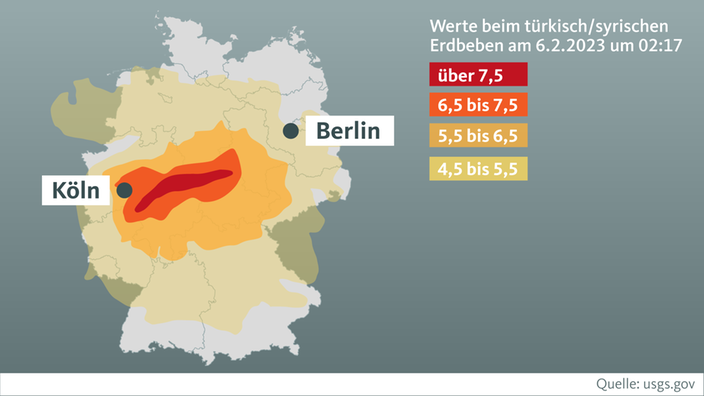 Ausmaß des Erdbebens in der Türkei und Syrien: So wäre Deutschland betroffen  (Werte beim türkisch/syrischen Erdbeben am 06.02.2023 um 02:17 Uhr)