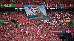 Dänemark-Fans zeigen Wikinger-Banner in Fußballstadion