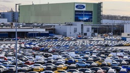 Neuwagen stehen vor dem kölner Ford Werk auf einem Parkplatz