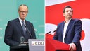 Collage: Friedrich Merz und Lars Klingbeil stehen jeweils an einem Rednerpult