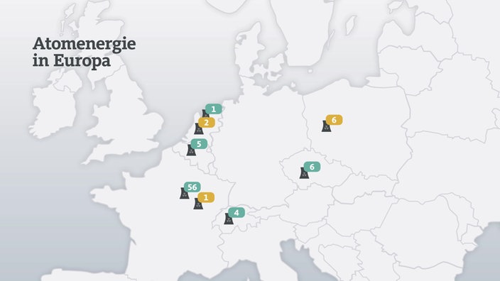 Grafik zeigt bestehende und geplante Atomkraftwerke in Europa