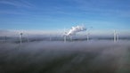 Nebelschwaden ziehen über das Land. Aus dem Nebel heraus ragen Windräder.