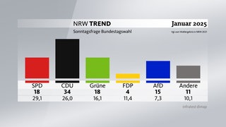 Grafik zum NRW-Trend - Sonntagsfrage zur Bundestagswahl: Wäre am Sonntag Bundestagswahl, käme die CDU in NRW auf 34 Prozent, SPD und Grüne auf 18, die AfD auf 15 und die FDP auf 4 Prozent