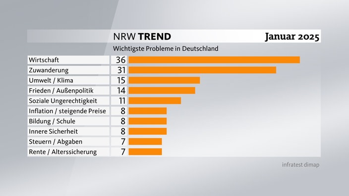 Grafik zum NRW-Trend - Wichtigste Probleme in Deutschland: Für 36 Prozent der Menschen in NRW ist die Wirtschaft das wichtigste Problem, gefolgt von Zuwanderung (31 Prozent).