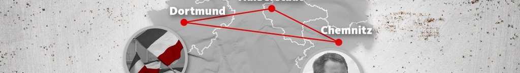 Deutschlandkarte, auf der Fotos von Menschen und Verbindungslinien zwischen Dortmund, Halberstadt und Chemnitz zu sehen sind