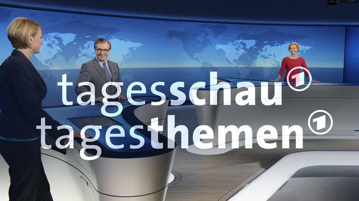 Studioansicht und Signet der Sendungen Tagesschau und Tagesthemen