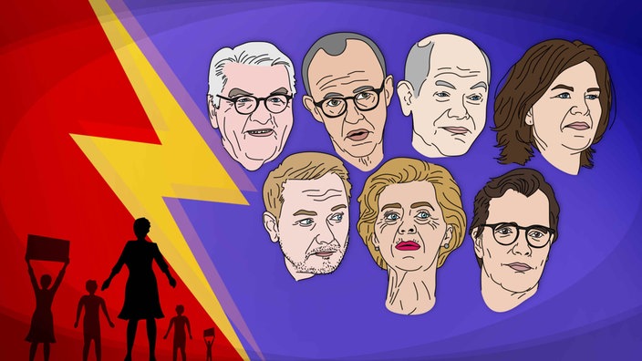 Frank-Walter Steinmeier, Friedrich Merz, Olaf Scholz, Annalena Baerbock, Christian Lindner, Ursula von der Leyen und Hendrik Wüst