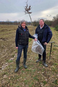 Zwei Männer halten einen Setzling und stehen auf einem Feld.