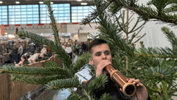 Junger Mann spielt auf einem Blasinstrument