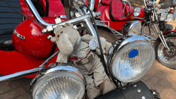 Ein Plüschtier an Motorrad befestigt