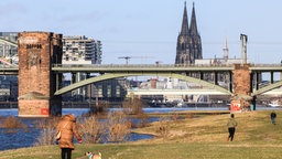 Sonniger, wolkenloser Tag in Köln am Rheinufer