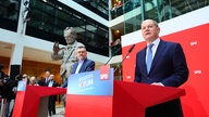 Der Chef der Mandatsprüfungs- und Zählkommission, Schatzmeister Dietmar Nietan (l) und Olaf Scholz, stellvertretender SPD-Vorsitzender