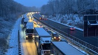 Mehrere Lkw und Autos stehen im Stau auf der A44