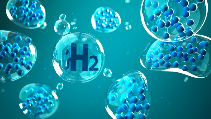 H2-Zapfsäulensymbol mit Wasserstoffmolekül in einer Flüssigkeit. 3D-Darstellung.