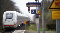 Aufnahme eines Zuges, welcher in einen Bahnhof einfährt. Auf der Fahrgastinformationstafel steht u.a. der Hinweis "Bauarbeiten".