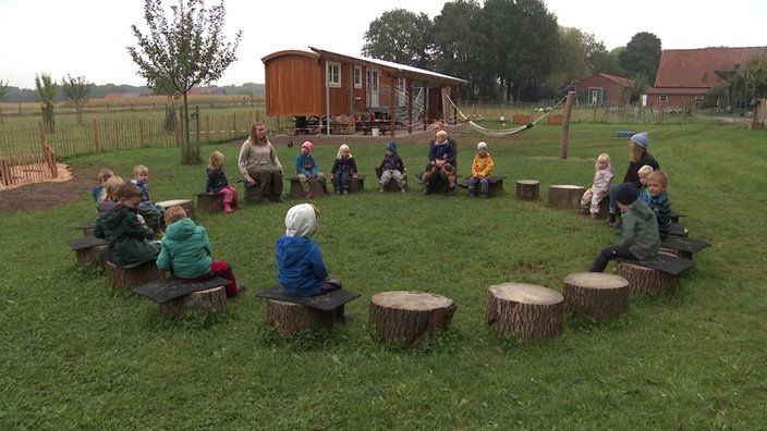 Kinder sitzen draußen auf einer Wiese im Stuhlkreis