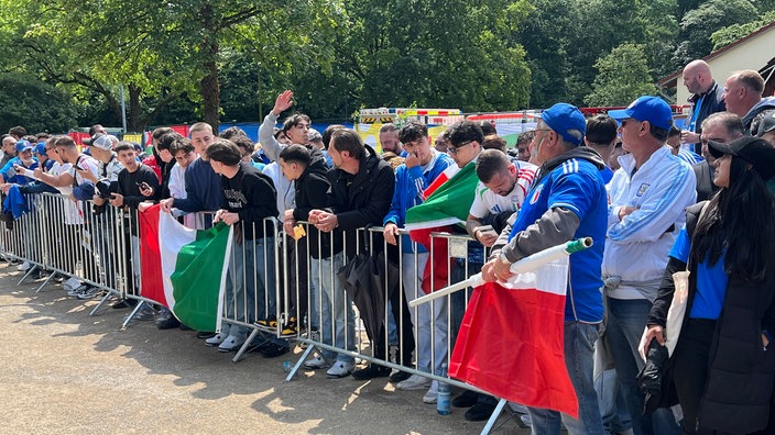 Ein Gruppe Italien-Fans mit Trikots und Fahnen.