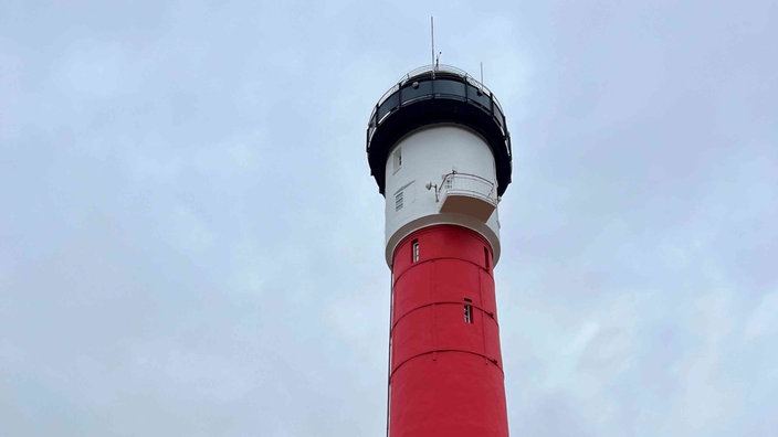 Ein Leuchtturm vor blauem Himmel.