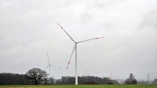 Zwei Windräder stehen auf einem Feld. 