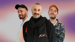 Die Hosts Zuher Jazmati und Dominik Djialeu mit Ahmet Sitki Demir 