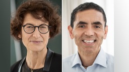 Die Bildkombo zeigt Ugur Sahin (r), Vorstandsvorsitzender des Biotechnologie-Unternehmens Biontech, und seine Frau Özlem Türeci, medizinische Geschäftsführerin von Biontech. 