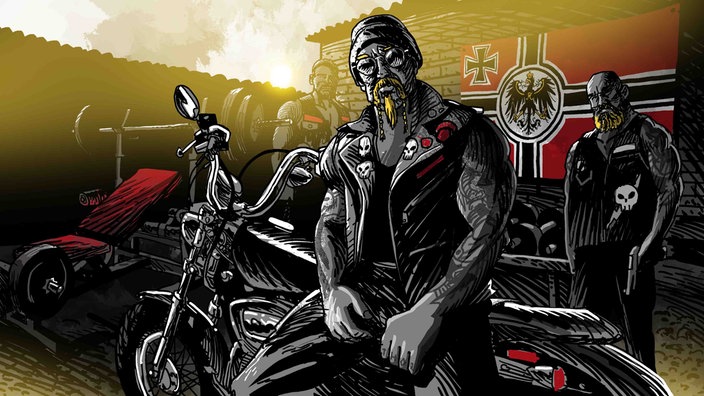 Illustration: Drei Biker stehen vor ihren Motorrädern, im Hintergrund eine Reichsflagge mit Adler und Kreuz.