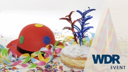 WDR Event Logo mit Karnevalssymbolen wie bunten Hüten, Berliner Krapfen, Konfetti