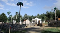 Das Gewinnerzelt im Tierpark zwischen künstlichen Palmen 