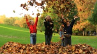 Herbst - vier Mädchen spielen im herbstlichen Laub