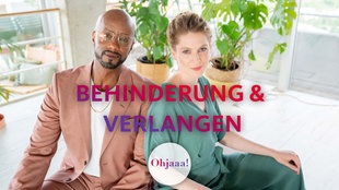 Die Podcast-Hosts Yared Dibaba und Annabell Neuhof; Schriftzug: Behinderung & Verlangen