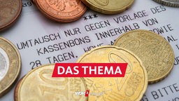 Münzen unterschiedlichen Werts liegen auf einem Kassenbon, auf dem der Hinweis "Umtausch nur gegen Vorlage des Kassenbons innerhalb von 28 Tagen" aufgedruckt ist.