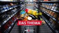 Verschiedene Lebensmittel liegen in einem Supermarkt in einem Einkaufswagen