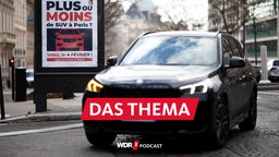 SUV vor einem Plakat in Paris mit der Aufschrift: "Plus ou moins de SUV à Paris? Votez le 4 février!" (Mehr oder weniger SUV in Paris? Stimmen Sie am 4. Februar ab!)