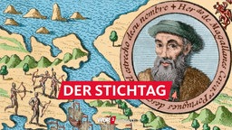 Rundes Bildnis Ferdinand Magellans auf zeitgen. Karte der Philippinen