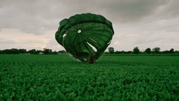 Vor einem grauen Himmel landet ein grüner Fallschirm in einem grünen Feld. Das Foto ist Teil der Ausstellung "von Tag zu Tag" im Sperraum Dortmund.