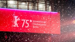 Logo der 75. Berlinale, Schnee fällt am Eröffnungsabend.