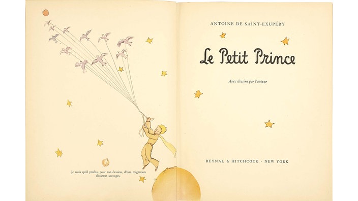 Buchcover "Der kleine Prinz" von Antoine de Saint-Exupéry, Vorder- und Rückseite mit Zeichnungen.