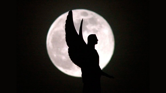 Die Silhouette eines Engels hebt sich auf dem Potsdamer Dom vor dem Vollmond ab