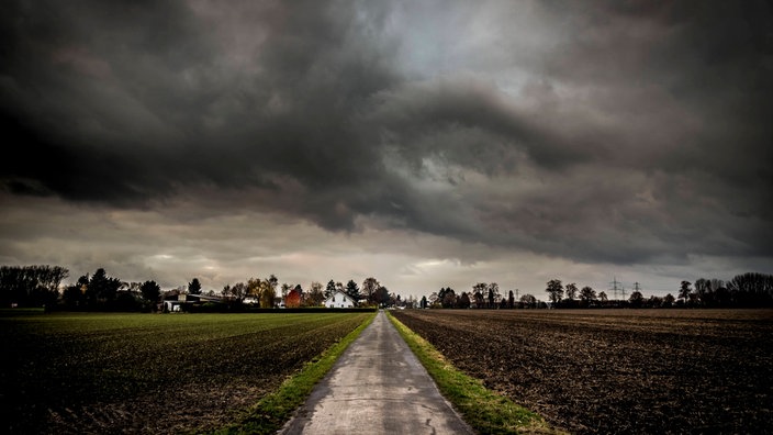 Über einem Feldweg braut sich ein Sturm zusammen.