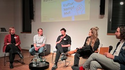 Mehrere Teilnehmer sitzen bei der Podiumsdiskussion im Rahmen der Kulturmut Convention 2024 auf der Bühne.