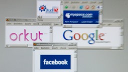 Die Internetseiten verschiedener sozialer Netzwerke (StudiVZ, MySpace, orkut, facebook) sind auf einem Monitor angeordnet