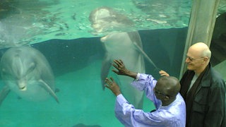 Doudou N’Diaye Rose und Michael Fahres (im Delfinarium Duisburg).